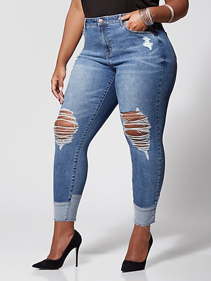 Plus Size Two-Tone Mid-Rise Destructed Skinny Jeans - Fashion To Figure
