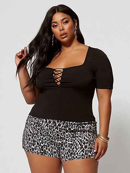 Plus Size Ulla Square Neck Lace-Up Top - Fashion To Figure