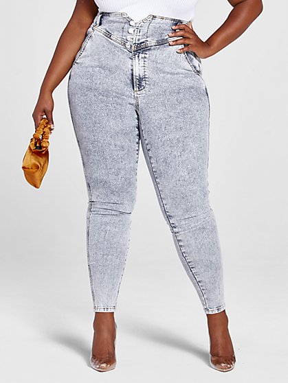 Plus Size Ultra High Rise Jeans with Waist Button Detail - Fashion To Figure