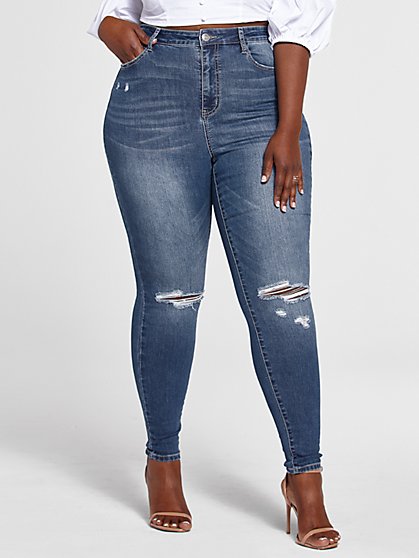 Plus Size Ultra High Rise Medium Blue Wash Skinny Jeans - Tall Inseam - Fashion To Figure