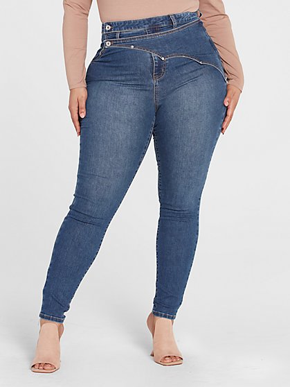 Plus Size Ultra High Rise Skinny Jeans with Crossover Detail - Fashion To Figure