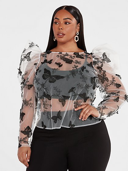 Plus Size Vanessa Butterfly Detail Sheer Blouse - Fashion To Figure