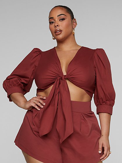 Plus Size Zahara Puff Sleeve Tie Front Top - Fashion To Figure