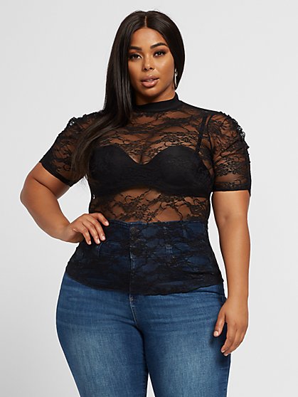Plus Size Zaira Ruched Shoulder Lace Top - Fashion To Figure