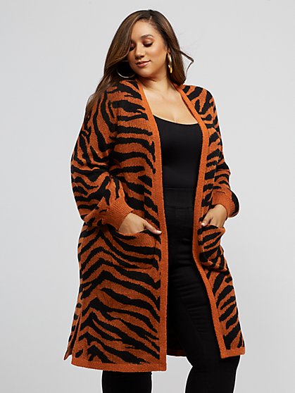 Plus Size Zooey Long Tiger Cardigan Sweater - Fashion To Figure